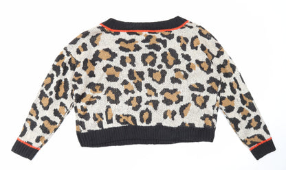 Full Circle Womens Beige V-Neck Animal Print Acrylic Pullover Jumper Size XL - Leopard Pattern