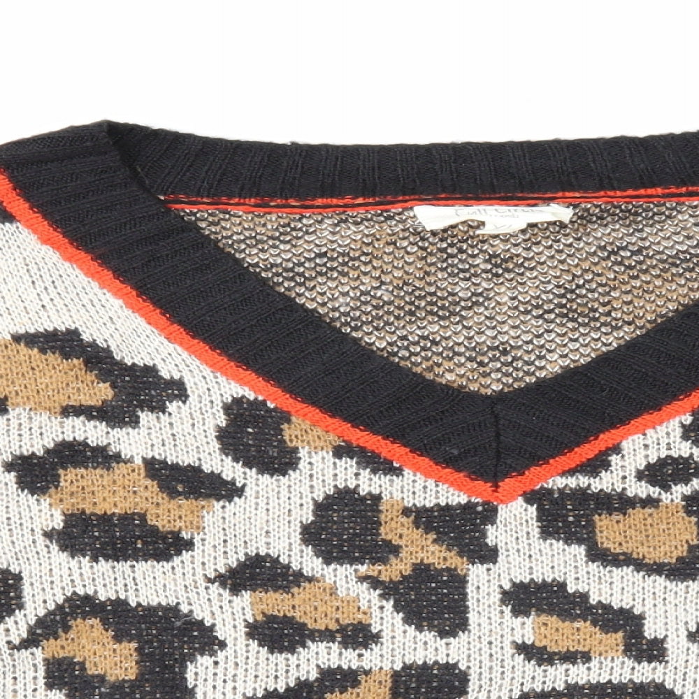 Full Circle Womens Beige V-Neck Animal Print Acrylic Pullover Jumper Size XL - Leopard Pattern