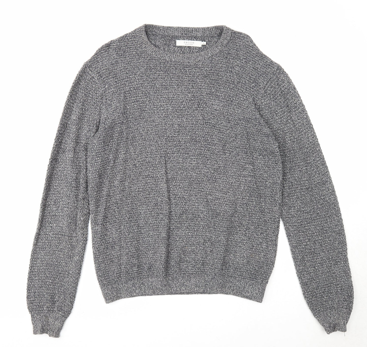 Celio Mens Grey Round Neck Acrylic Pullover Jumper Size L Long Sleeve