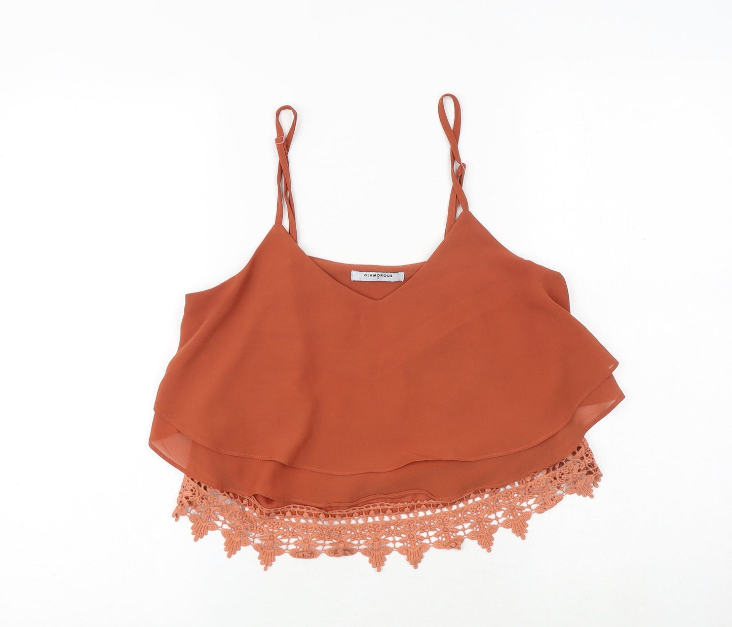 Glamorous Womens Brown Polyester Cropped Tank Size S V-Neck - Crochet Detail