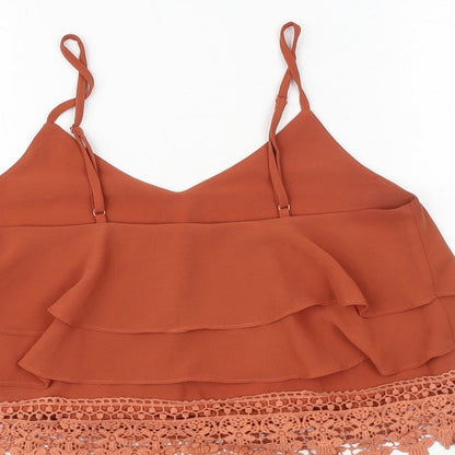 Glamorous Womens Brown Polyester Cropped Tank Size S V-Neck - Crochet Detail
