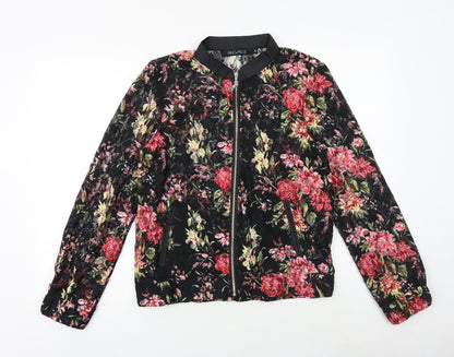 Rino&Pelle Womens Black Floral Bomber Jacket Jacket Size 2XS Zip