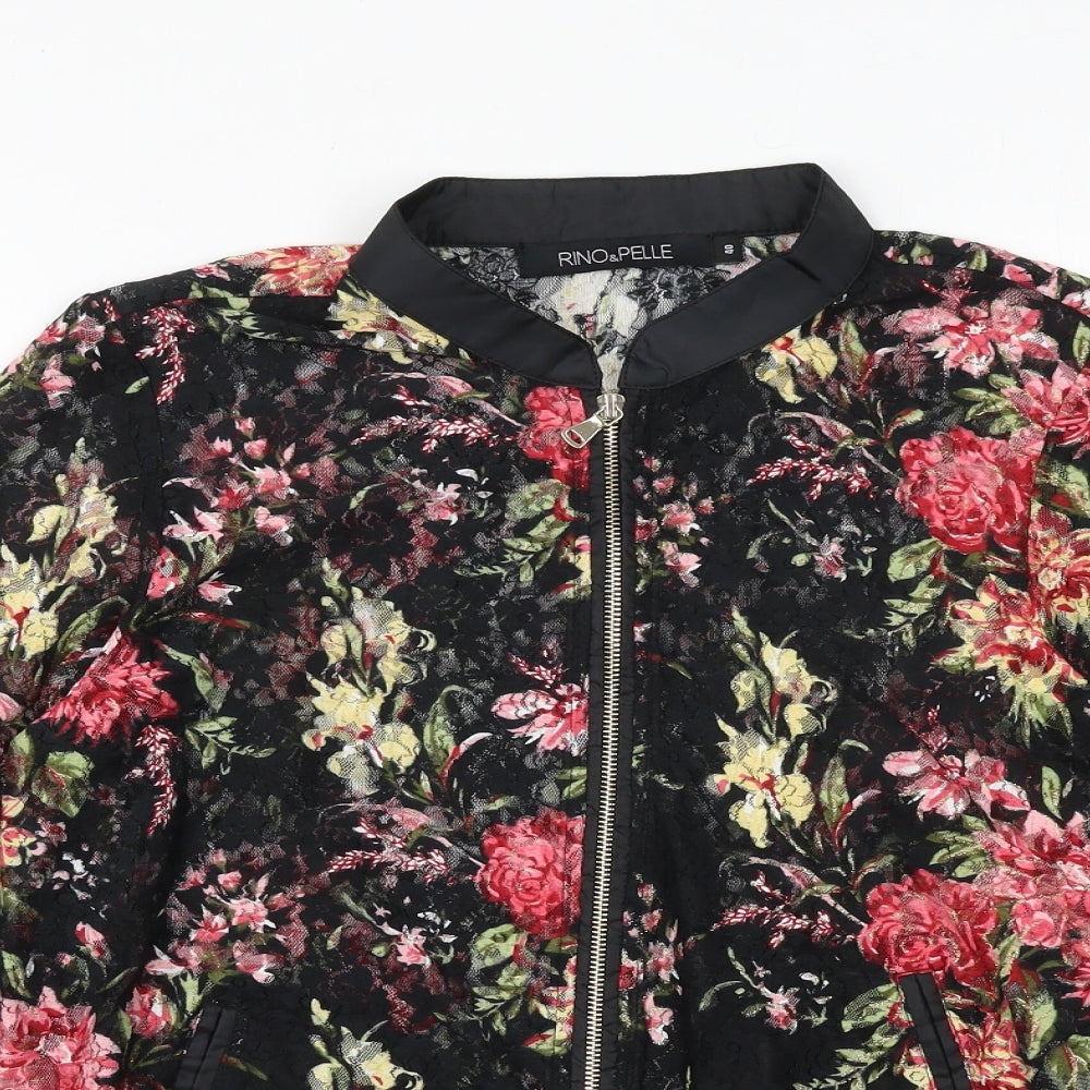 Rino&Pelle Womens Black Floral Bomber Jacket Jacket Size 2XS Zip