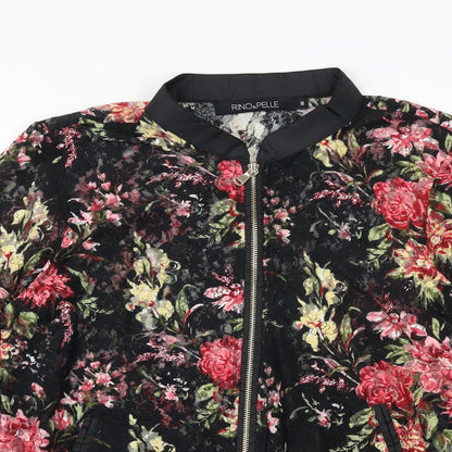 Rino&Pelle Womens Black Floral Bomber Jacket Jacket Size 2XS Zip
