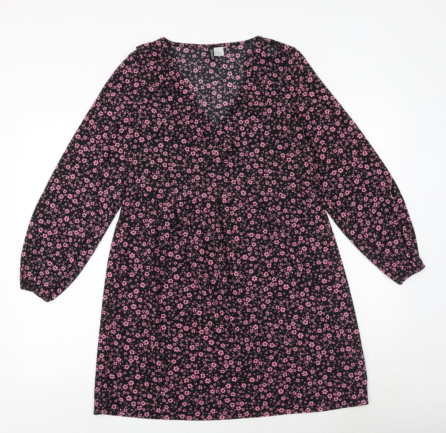 H&M Womens Black Floral Polyester A-Line Size XS V-Neck Pullover