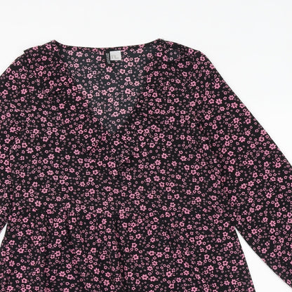 H&M Womens Black Floral Polyester A-Line Size XS V-Neck Pullover