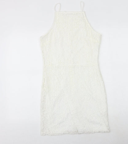 Missguided Womens White Geometric Nylon Bodycon Size 10 Square Neck Zip