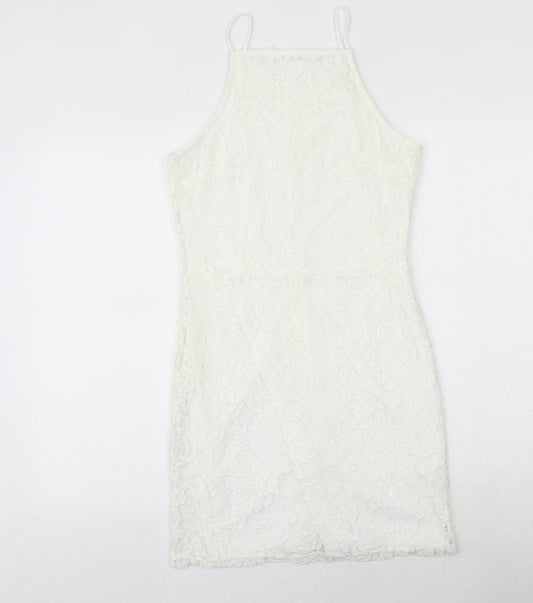 Missguided Womens White Geometric Nylon Bodycon Size 10 Square Neck Zip