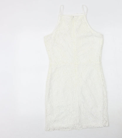 Missguided Womens White Geometric Nylon Bodycon Size 10 Square Neck Zip