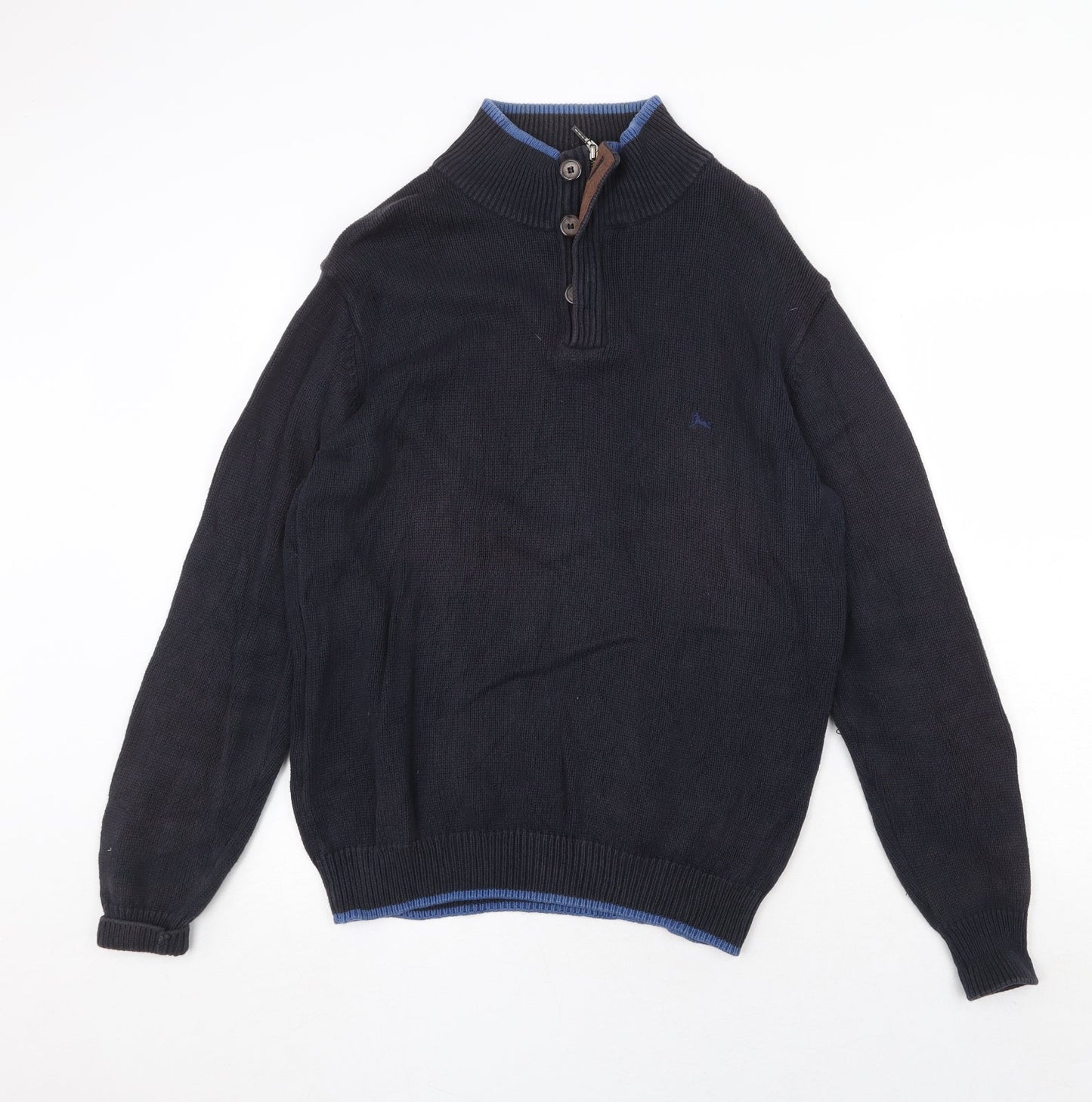 J.Hampton Mens Blue High Neck Cotton Henley Jumper Size M Long Sleeve - Elbow Patches