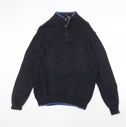 J.Hampton Mens Blue High Neck Cotton Henley Jumper Size M Long Sleeve - Elbow Patches