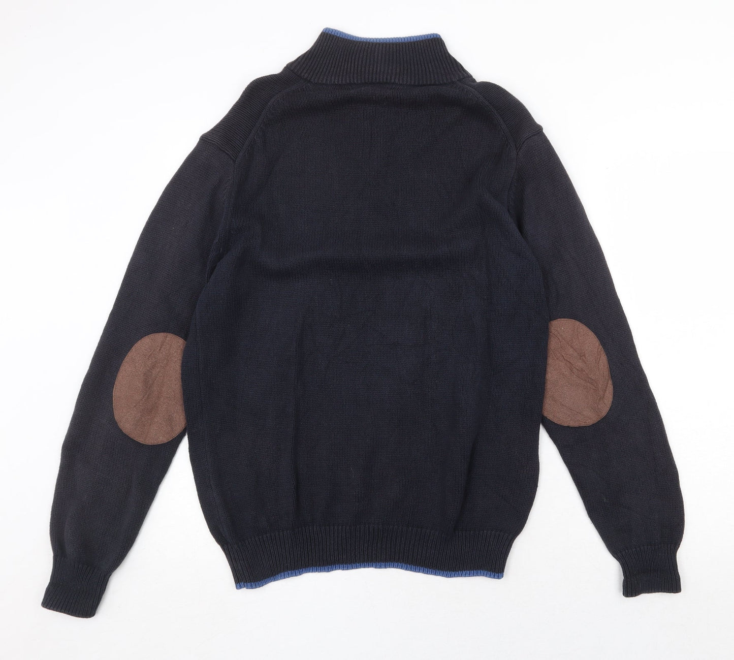 J.Hampton Mens Blue High Neck Cotton Henley Jumper Size M Long Sleeve - Elbow Patches