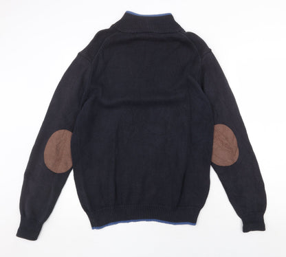 J.Hampton Mens Blue High Neck Cotton Henley Jumper Size M Long Sleeve - Elbow Patches