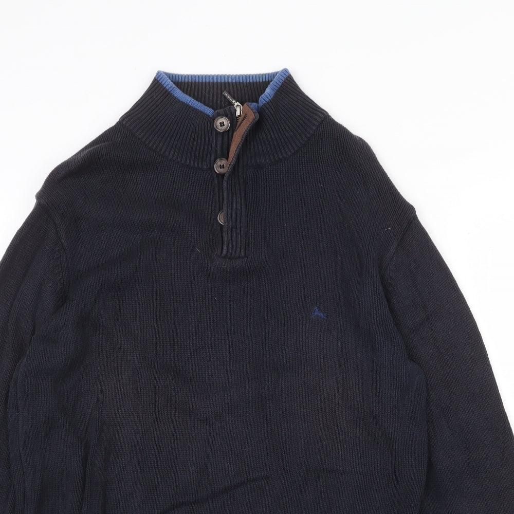 J.Hampton Mens Blue High Neck Cotton Henley Jumper Size M Long Sleeve - Elbow Patches