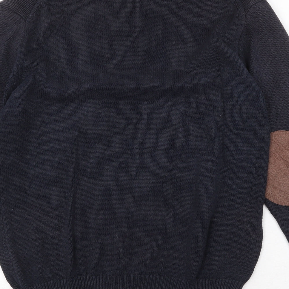 J.Hampton Mens Blue High Neck Cotton Henley Jumper Size M Long Sleeve - Elbow Patches