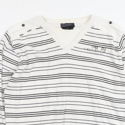 NEXT Mens White V-Neck Striped Cotton Pullover Jumper Size L Long Sleeve