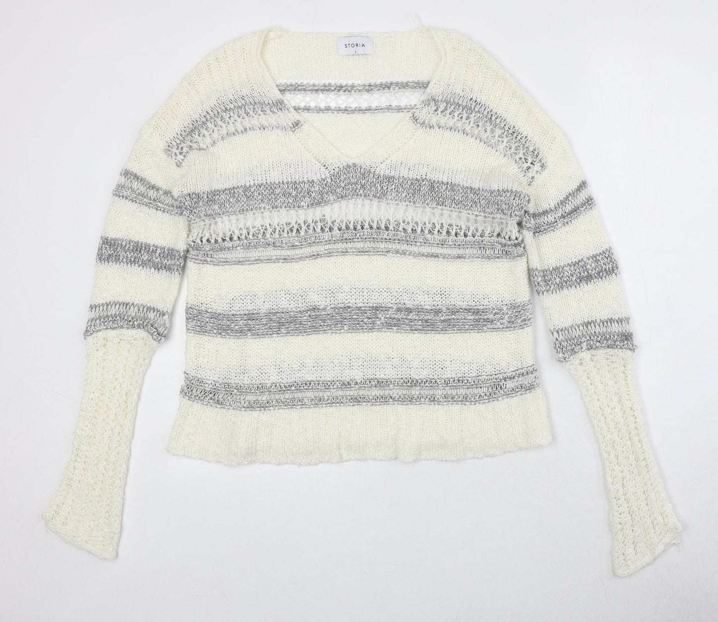 Storia Womens Ivory V-Neck Striped Acrylic Pullover Jumper Size S