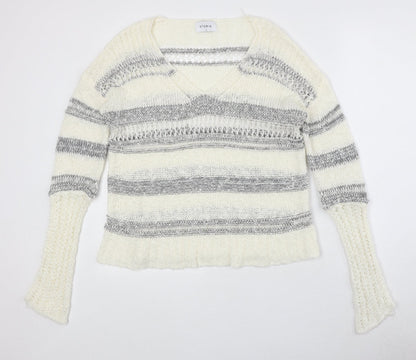 Storia Womens Ivory V-Neck Striped Acrylic Pullover Jumper Size S