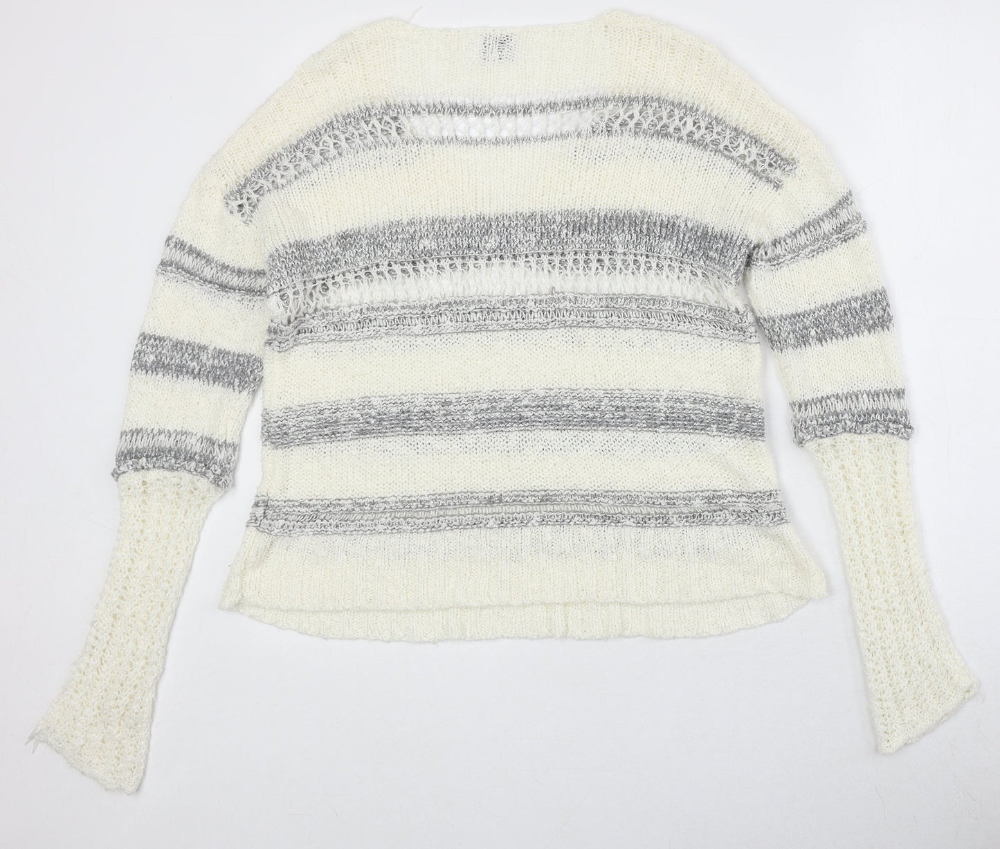 Storia Womens Ivory V-Neck Striped Acrylic Pullover Jumper Size S