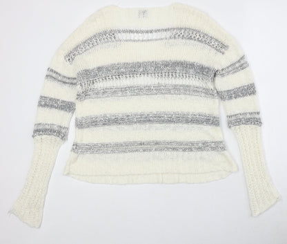Storia Womens Ivory V-Neck Striped Acrylic Pullover Jumper Size S