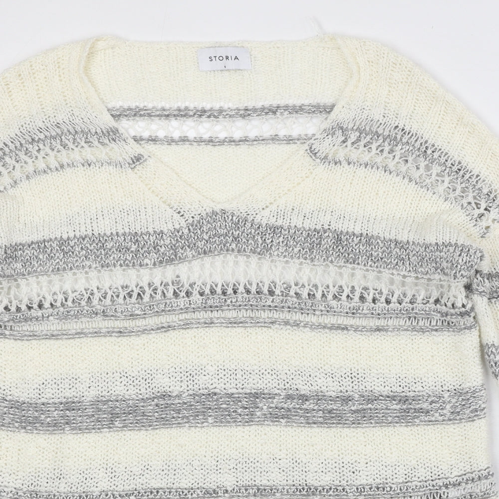 Storia Womens Ivory V-Neck Striped Acrylic Pullover Jumper Size S