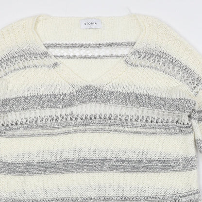 Storia Womens Ivory V-Neck Striped Acrylic Pullover Jumper Size S