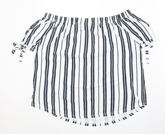 H&M Womens White Striped 100% Cotton Basic Blouse Size M Off the Shoulder