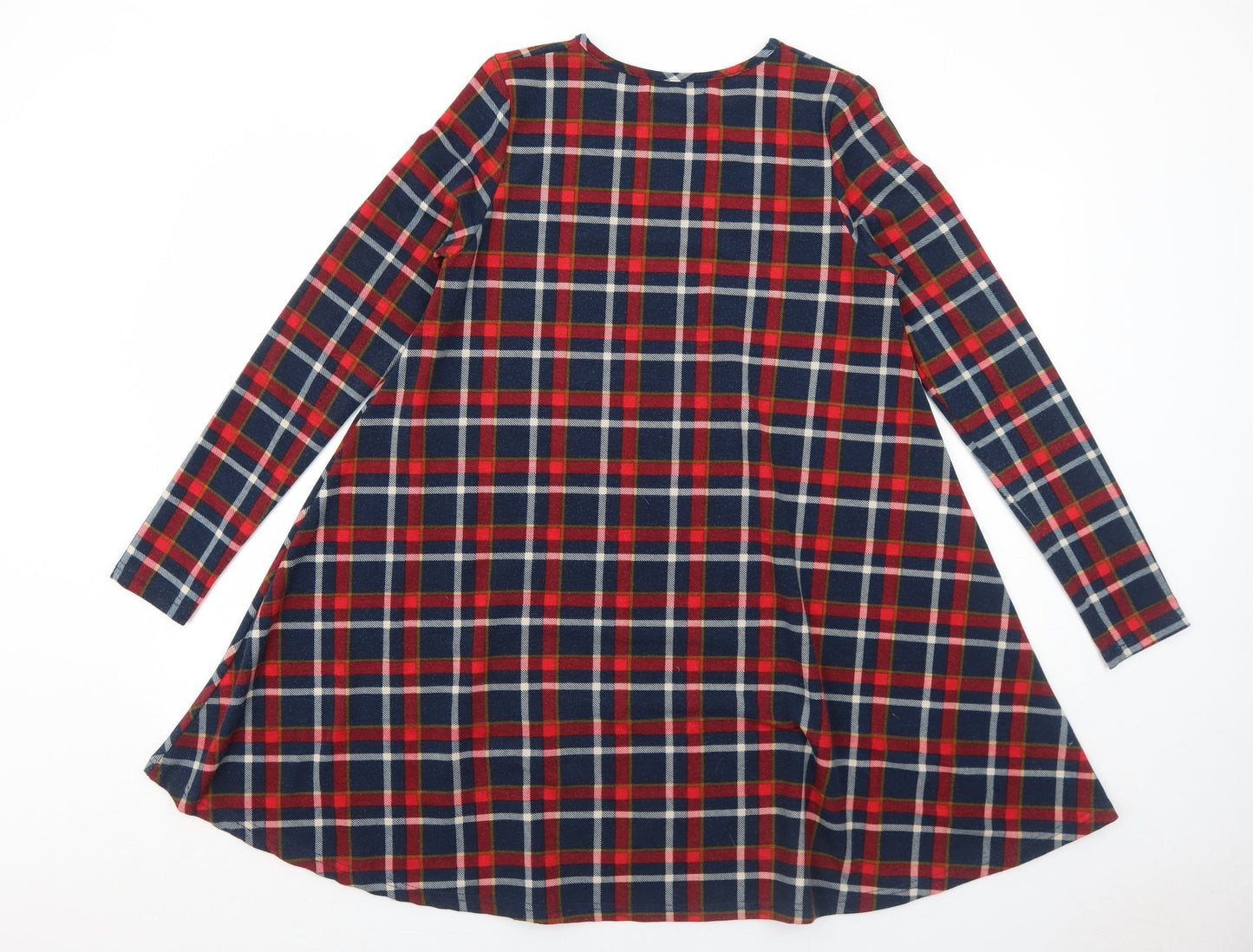 Glamorous Womens Blue Plaid Polyester Trapeze & Swing Size 10 Round Neck Pullover