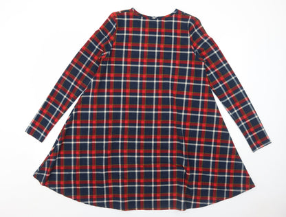Glamorous Womens Blue Plaid Polyester Trapeze & Swing Size 10 Round Neck Pullover