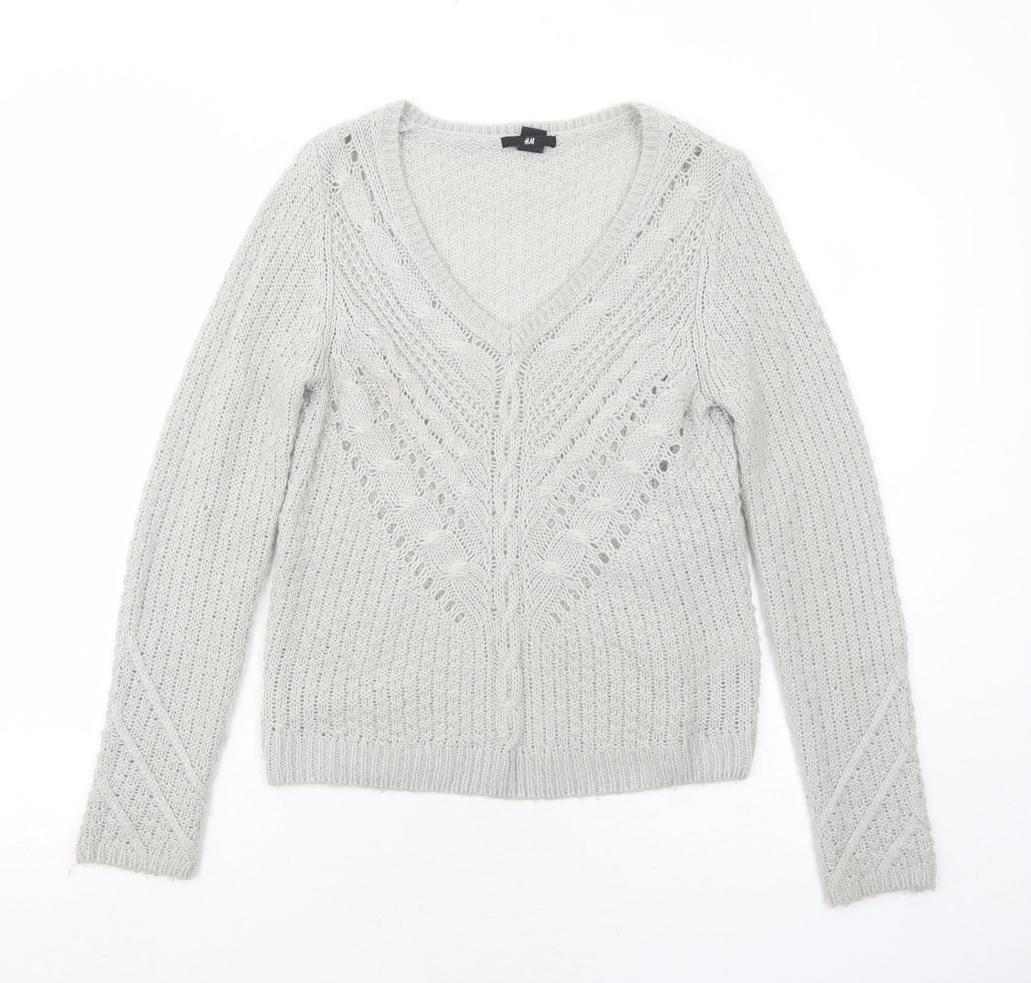 H&M Womens Grey V-Neck Acrylic Pullover Jumper Size S