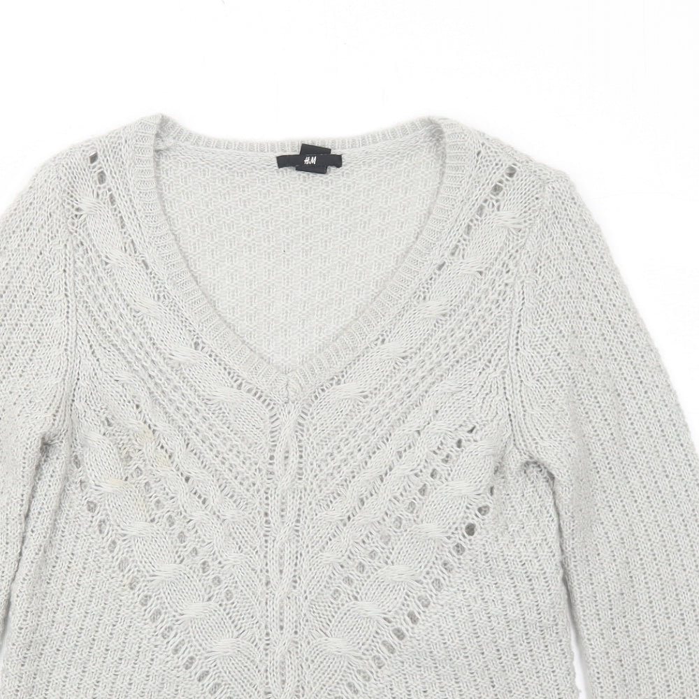 H&M Womens Grey V-Neck Acrylic Pullover Jumper Size S