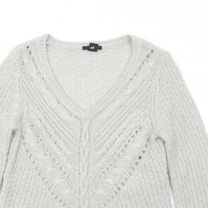 H&M Womens Grey V-Neck Acrylic Pullover Jumper Size S