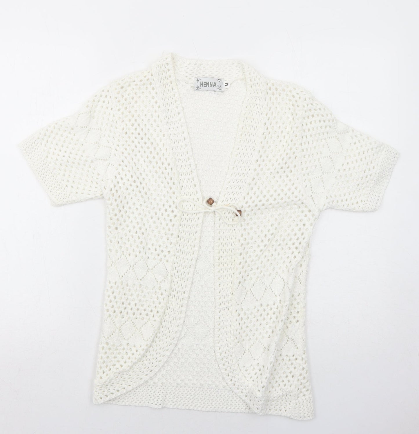 Henna Womens White V-Neck Cotton Cardigan Jumper Size M