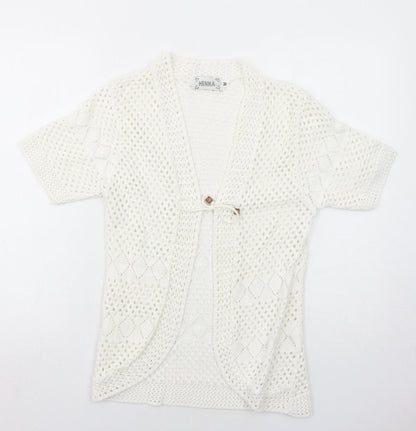 Henna Womens White V-Neck Cotton Cardigan Jumper Size M
