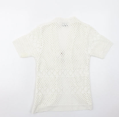 Henna Womens White V-Neck Cotton Cardigan Jumper Size M