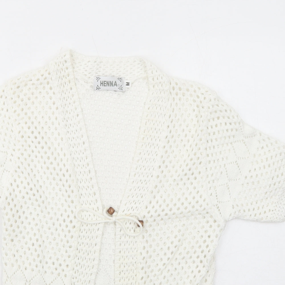 Henna Womens White V-Neck Cotton Cardigan Jumper Size M