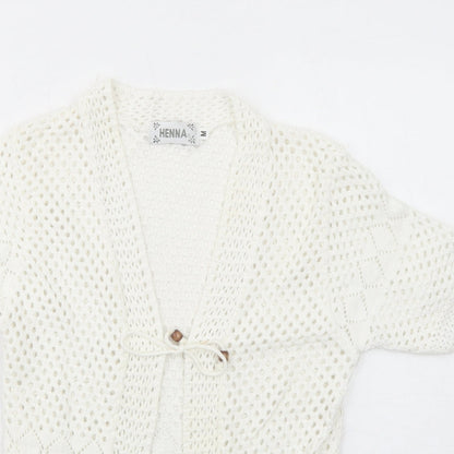Henna Womens White V-Neck Cotton Cardigan Jumper Size M