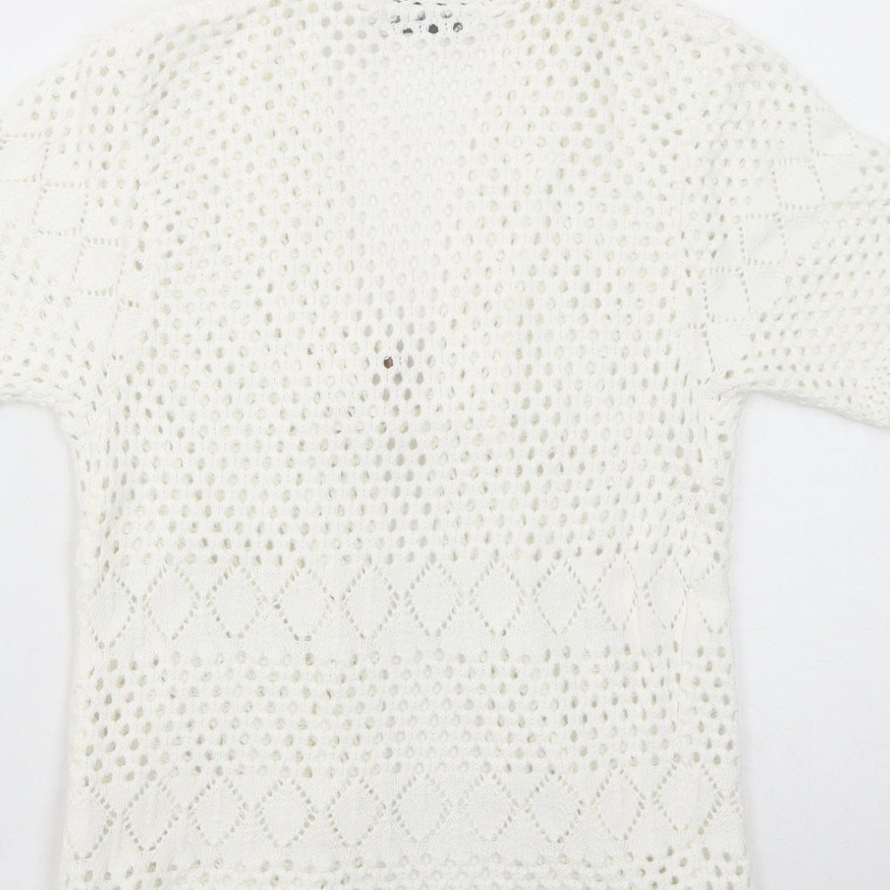 Henna Womens White V-Neck Cotton Cardigan Jumper Size M