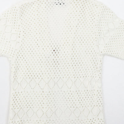 Henna Womens White V-Neck Cotton Cardigan Jumper Size M