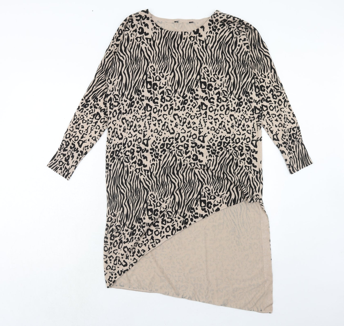 Debenhams Womens Brown Animal Print Viscose Tunic Blouse Size 12 Boat Neck