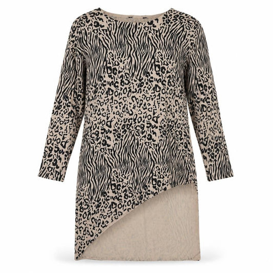 Debenhams Womens Brown Animal Print Viscose Tunic Blouse Size 12 Boat Neck