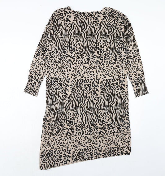Debenhams Womens Brown Animal Print Viscose Tunic Blouse Size 12 Boat Neck
