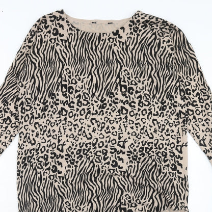 Debenhams Womens Brown Animal Print Viscose Tunic Blouse Size 12 Boat Neck