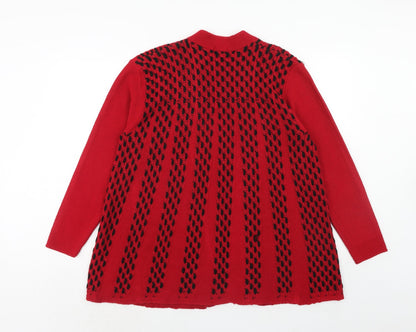 Lizz Clarke Womens Red V-Neck Geometric Acrylic Cardigan Jumper Size S