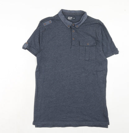 Fabric Mens Blue Cotton Polo Size L Collared Button