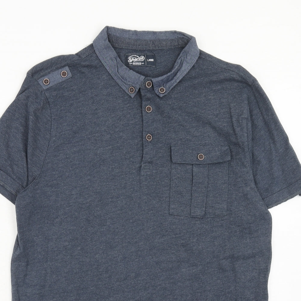 Fabric Mens Blue Cotton Polo Size L Collared Button