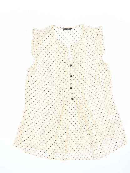 Roman Womens Beige Polka Dot Polyester Basic Button-Up Size 10 V-Neck