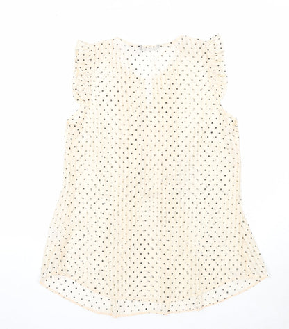 Roman Womens Beige Polka Dot Polyester Basic Button-Up Size 10 V-Neck