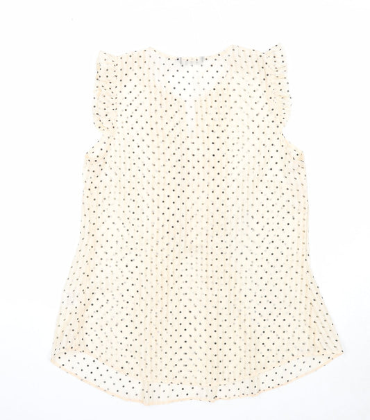 Roman Womens Beige Polka Dot Polyester Basic Button-Up Size 10 V-Neck