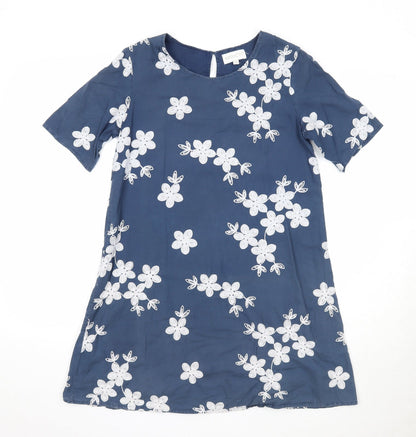Apricot Womens Blue Floral Cotton T-Shirt Dress Size 8 Round Neck Button